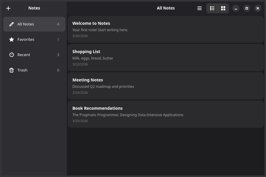 Notes app with toggle group and animated cards