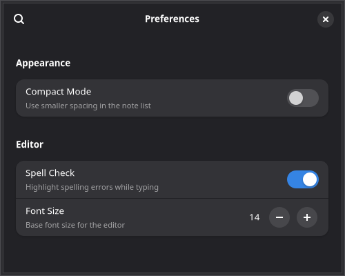 Preferences dialog with settings rows