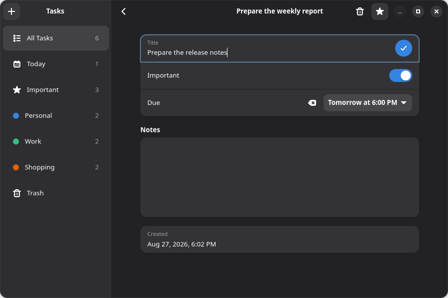 The Tasks app editing a work task in a native Adwaita form, with a changed title ready to apply, an active Important switch, and a due date.