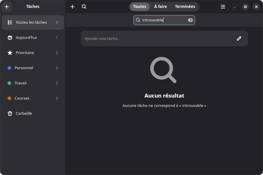 The Tasks app running in French, with translated sidebar views, filters, search controls, and a no-results message interpolating the query introuvable.
