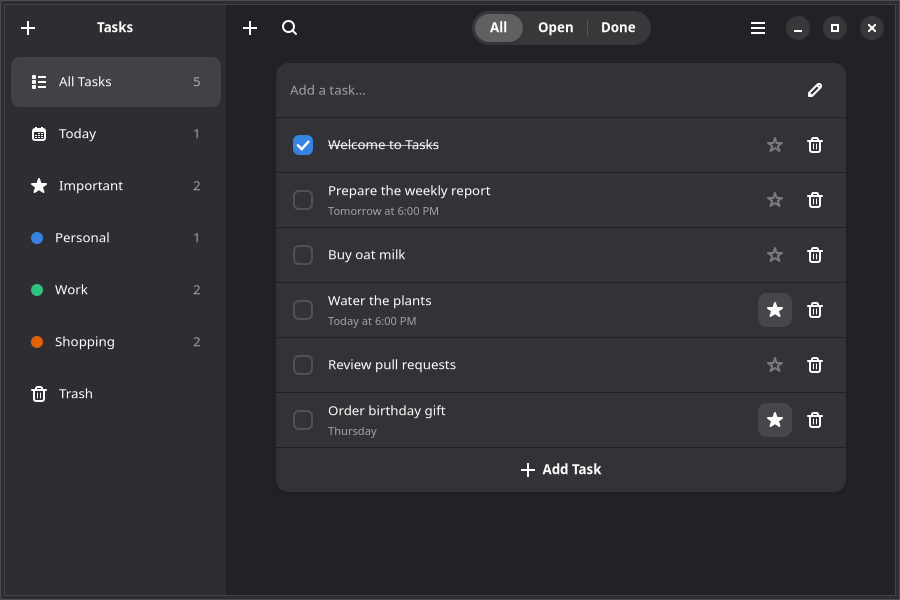 The Tasks app: an adaptive Adwaita window with a sidebar of smart views and colored user lists on the left, and a boxed task list on the right.